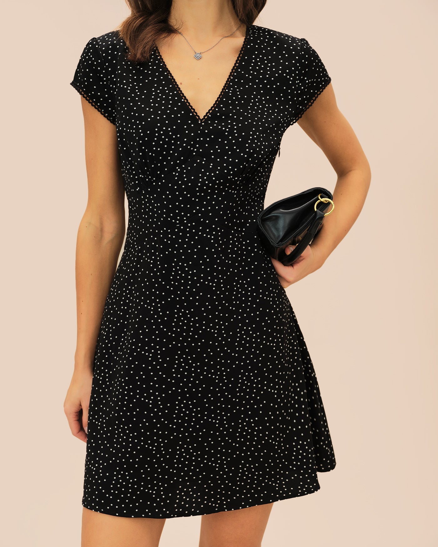 Black Polka Dot V Neck Mini Dress
