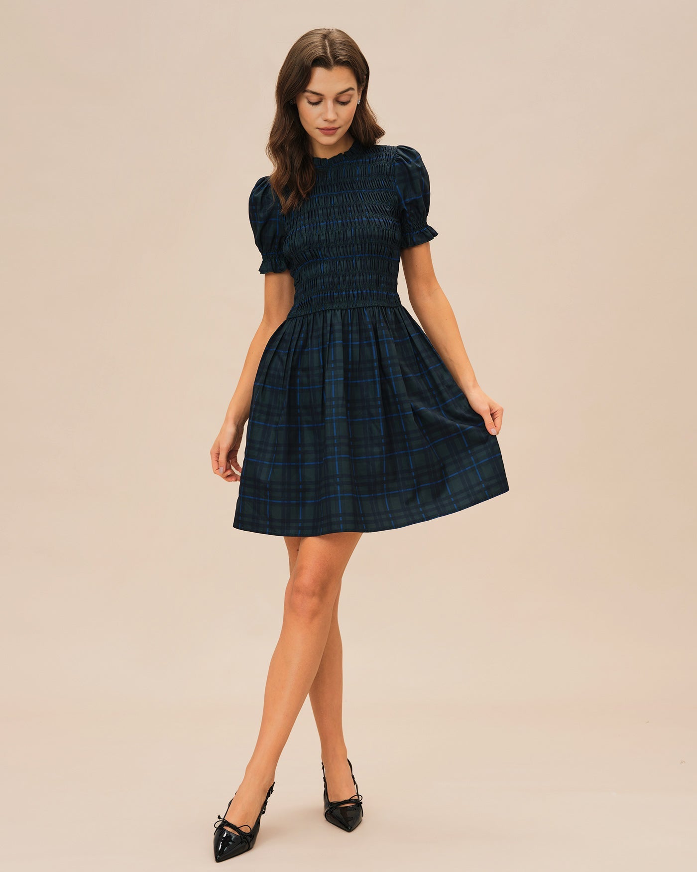 Green Plaid Puffed Sleeve Mini Dress