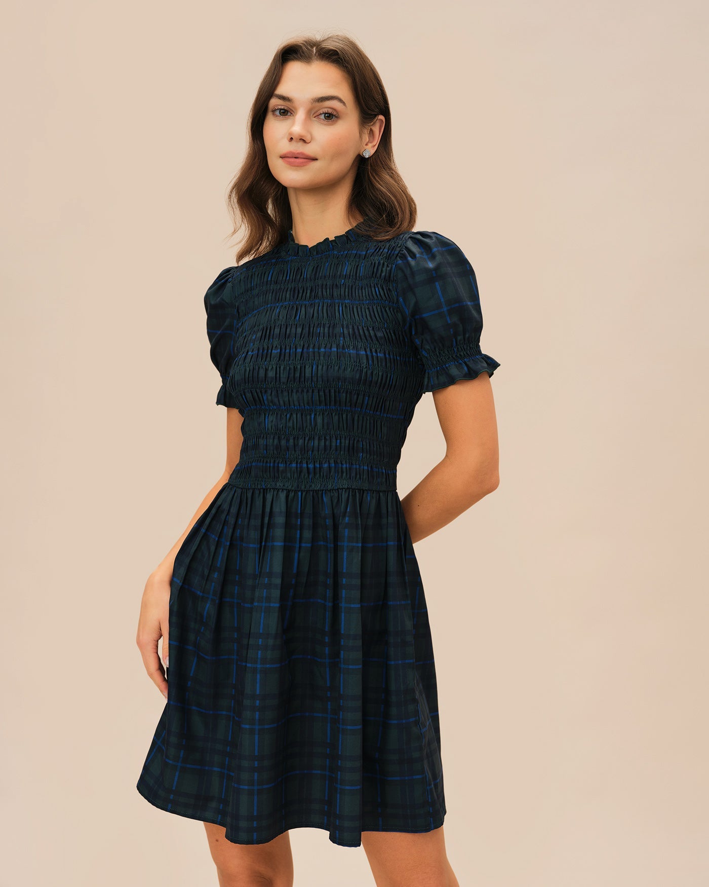 Green Plaid Puffed Sleeve Mini Dress