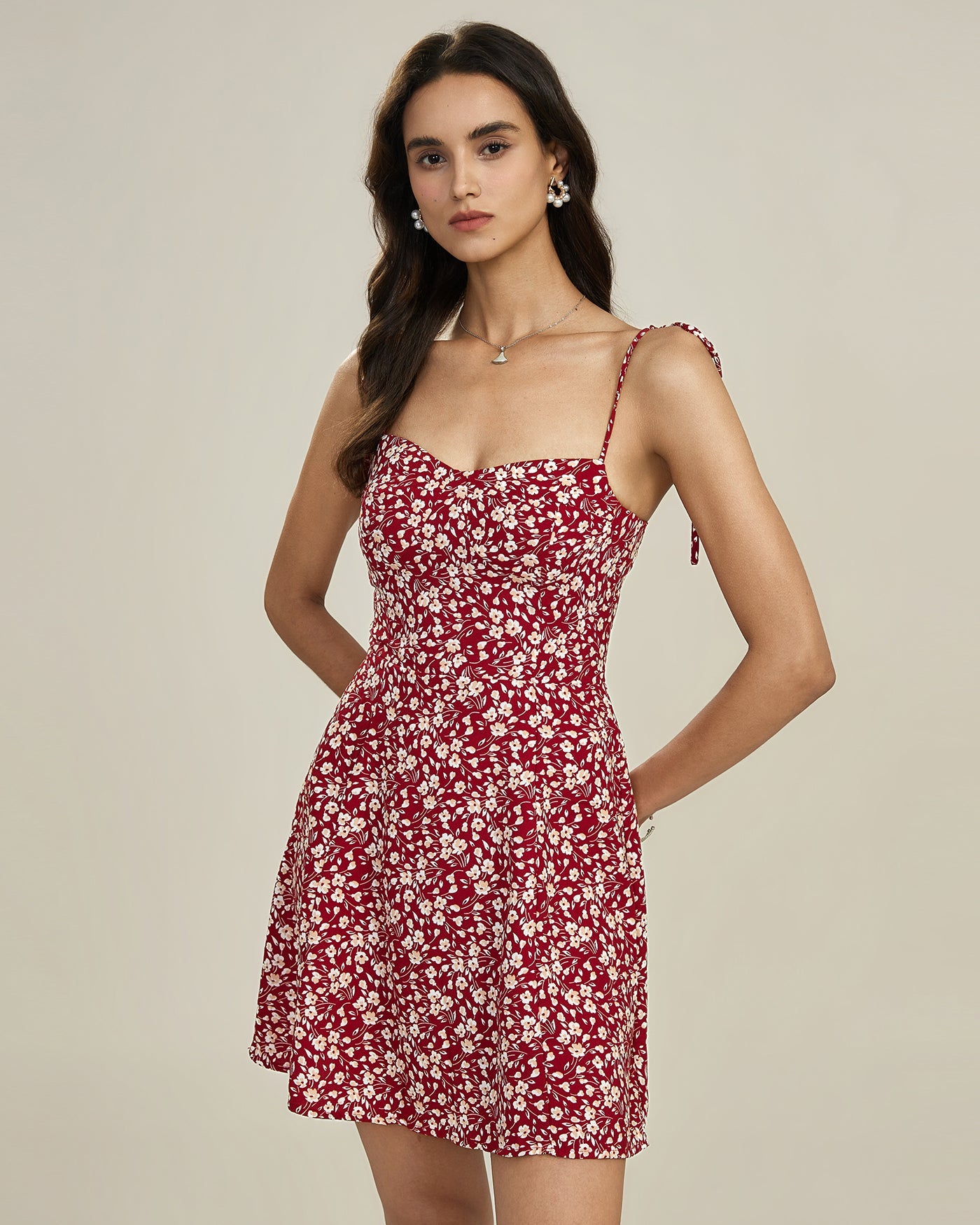 Red Floral Tie Straps Mini Dress