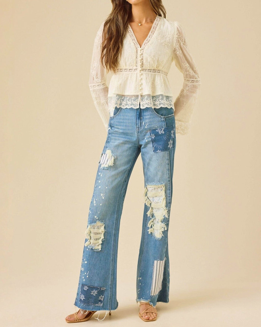 Camisa floral con cuello en V albaricoque