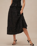Falda midi fruncida negra de lunares