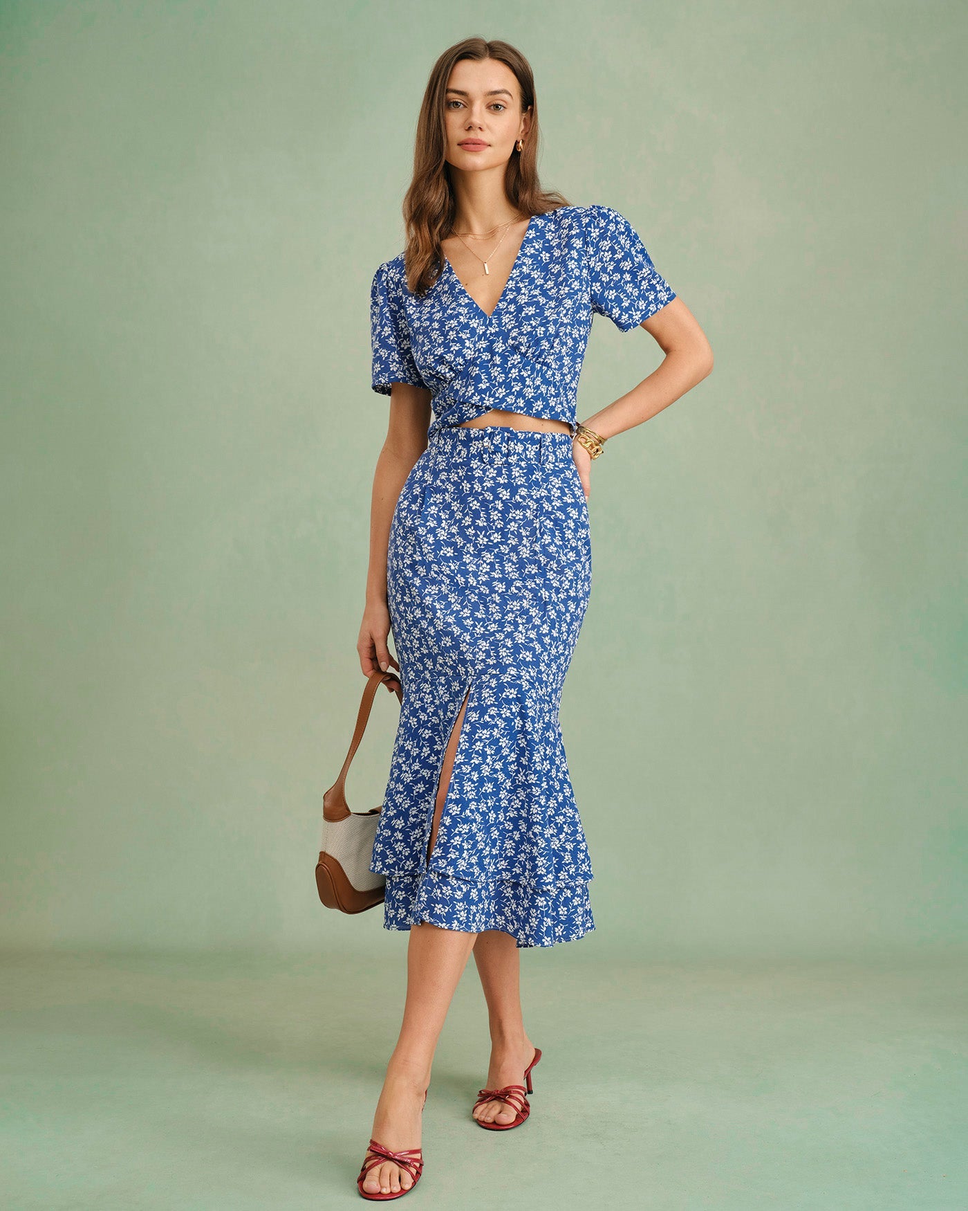 Blue Floral Mermaid Midi Skirt