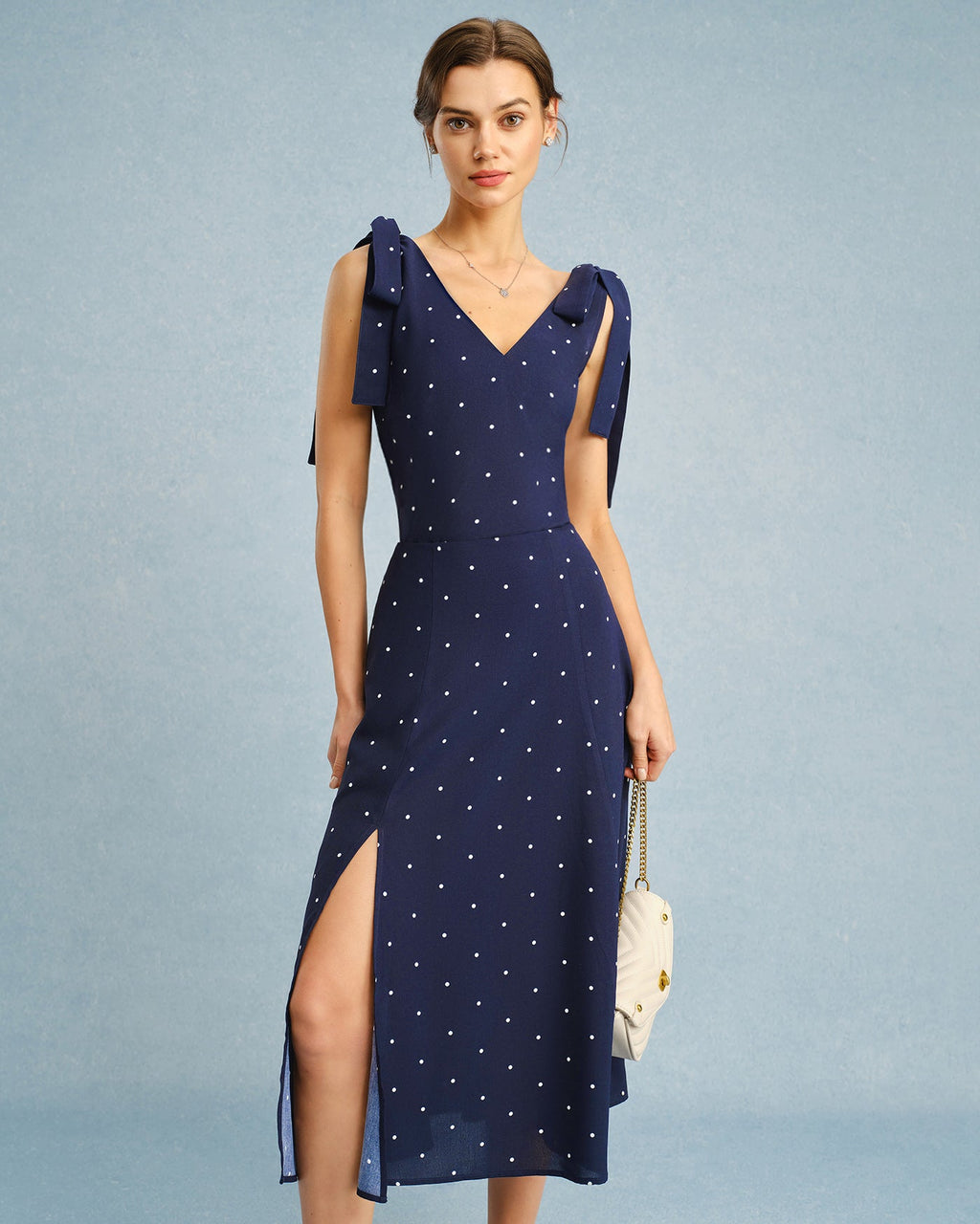 Falda midi con abertura de lunares azul marino