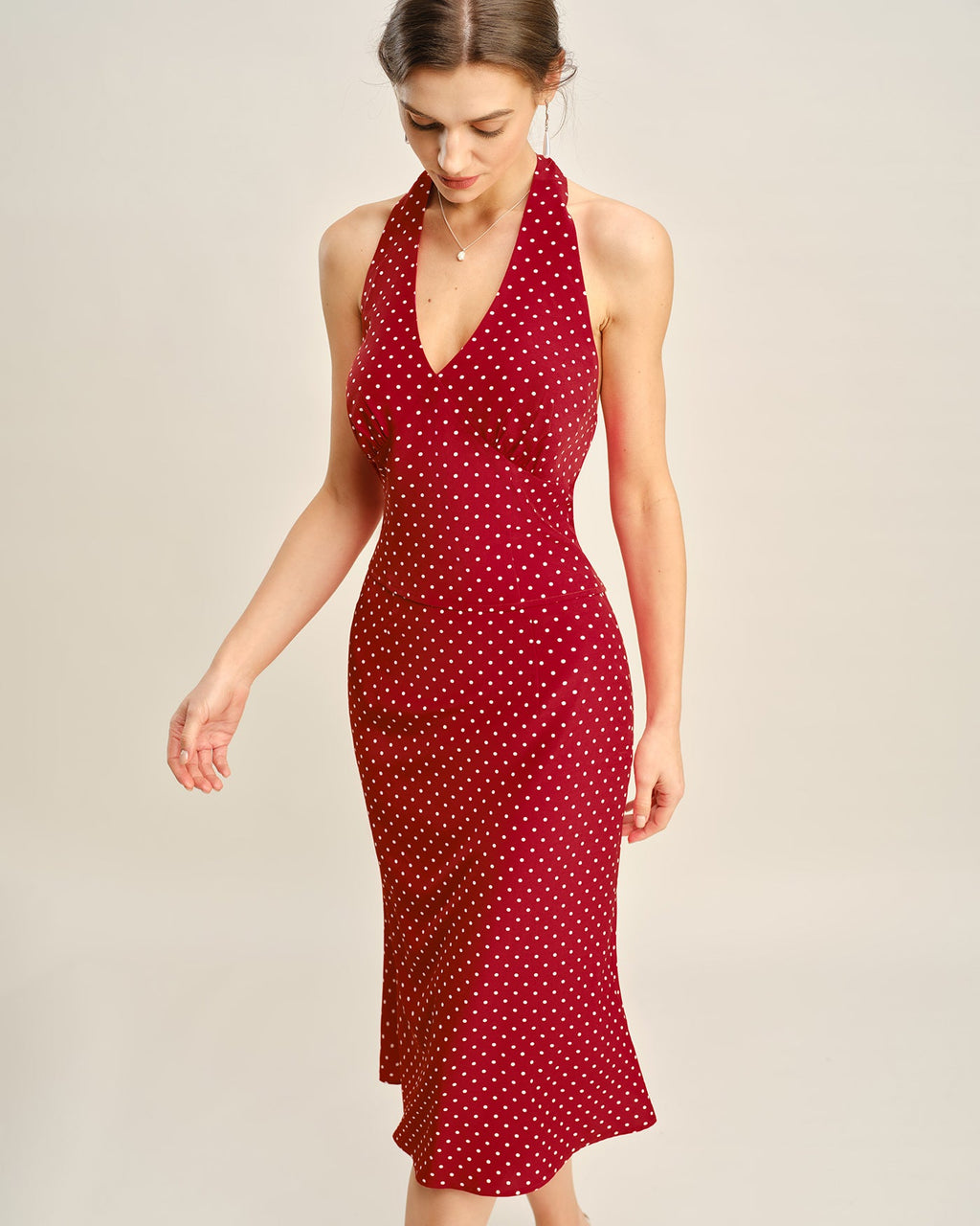 Falda midi de sirena roja con lunares