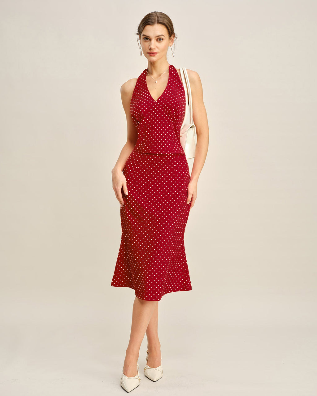Falda midi de sirena roja con lunares