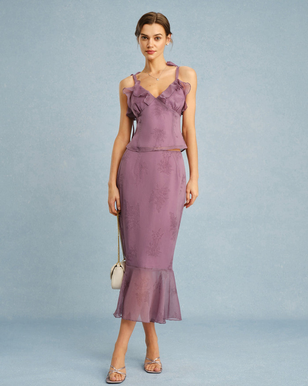 Falda midi de sirena con estampado floral morado