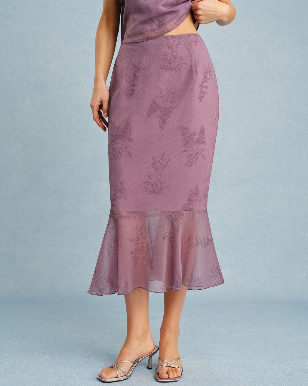 Falda midi de sirena con estampado floral morado