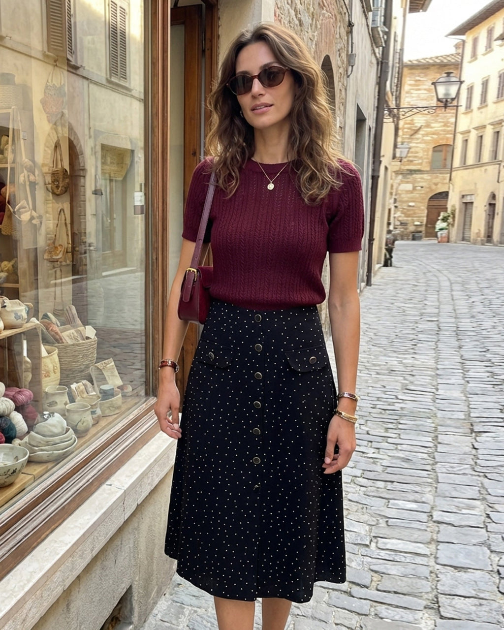 Falda midi negra de lunares