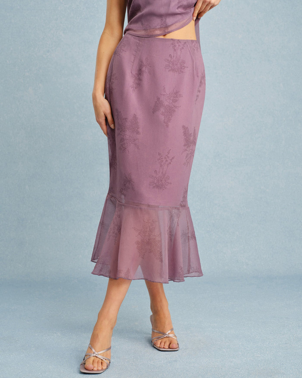 Falda midi de sirena con estampado floral morado