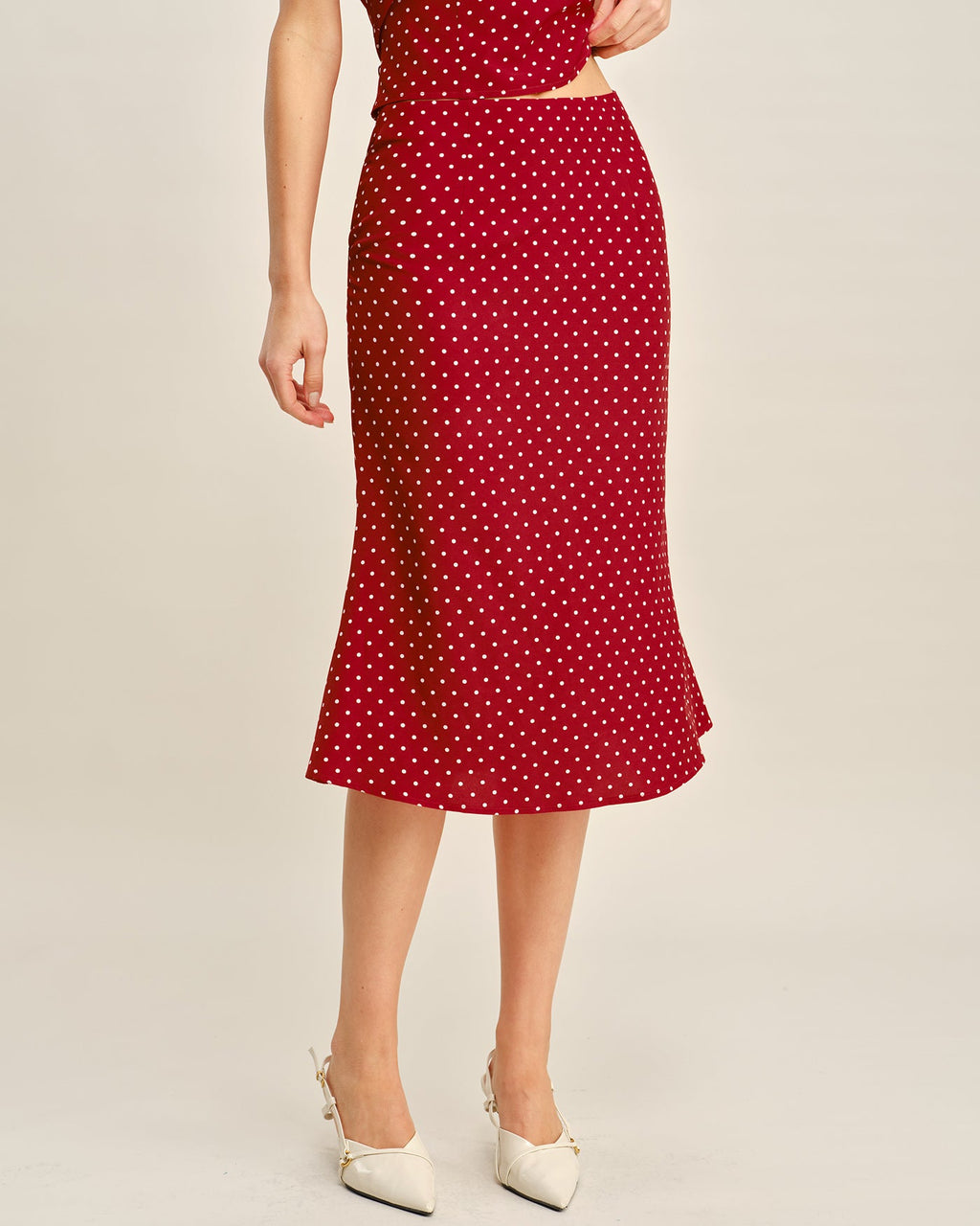 Falda midi de sirena roja con lunares