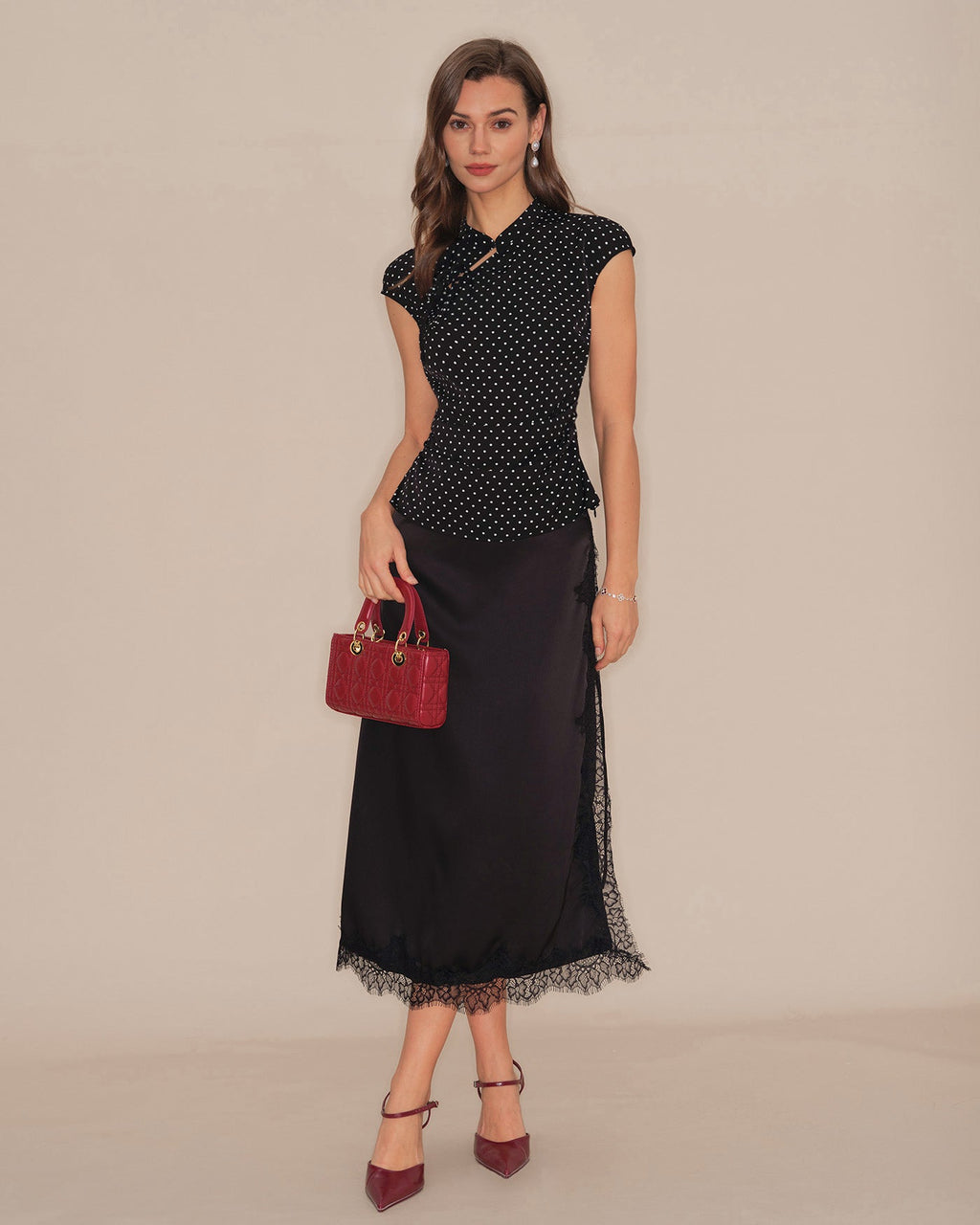 Black Polka Dot Mandarin Collar Tee