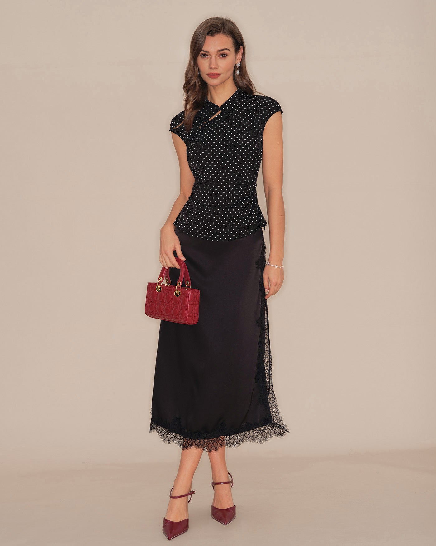 Black Polka Dot Mandarin Collar Tee