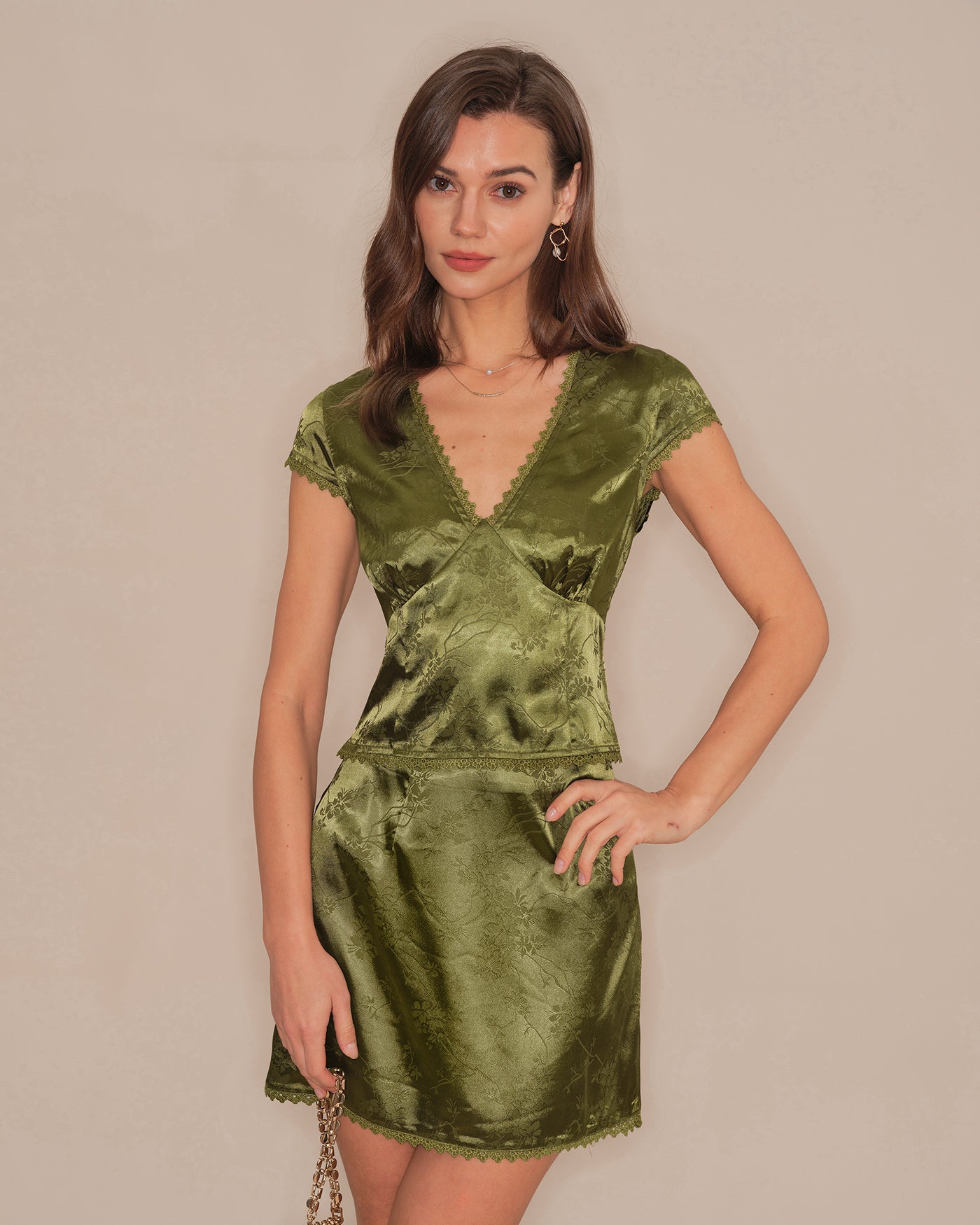 Green V Neck Floral Satin Tee