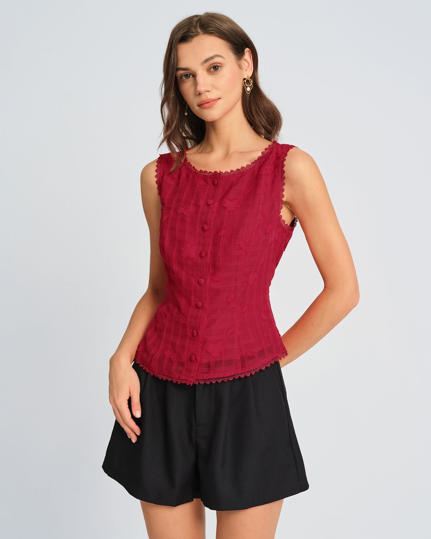 Chaleco de punto jacquard rojo con cuello redondo
