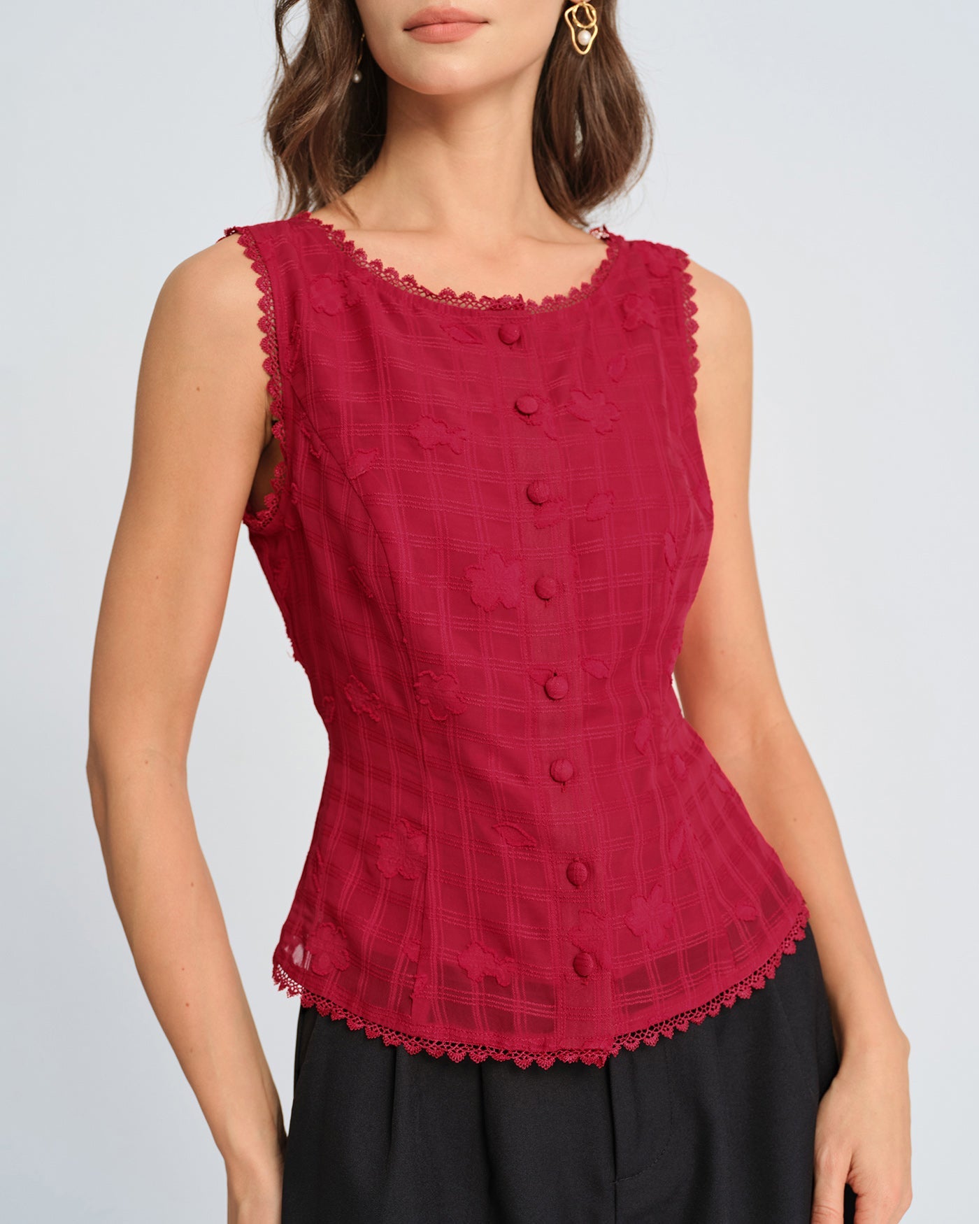 Chaleco de punto jacquard rojo con cuello redondo
