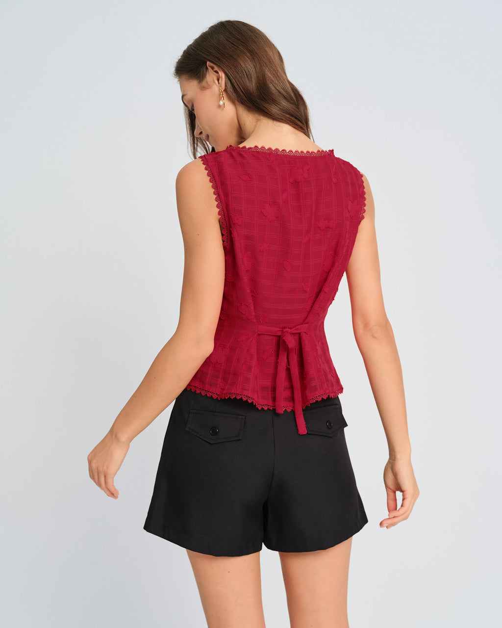 Chaleco de punto jacquard rojo con cuello redondo