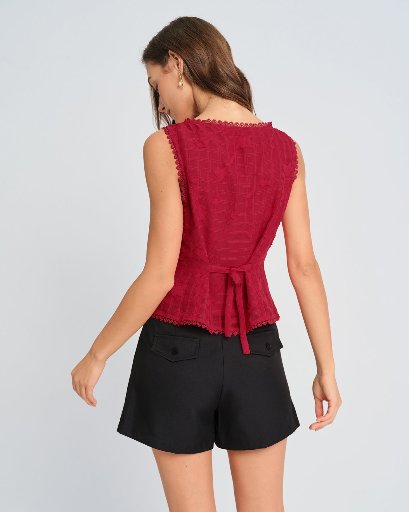 Chaleco de punto jacquard rojo con cuello redondo