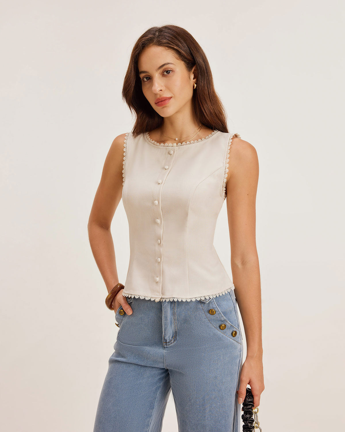 Apricot Boat Neck Button Vest