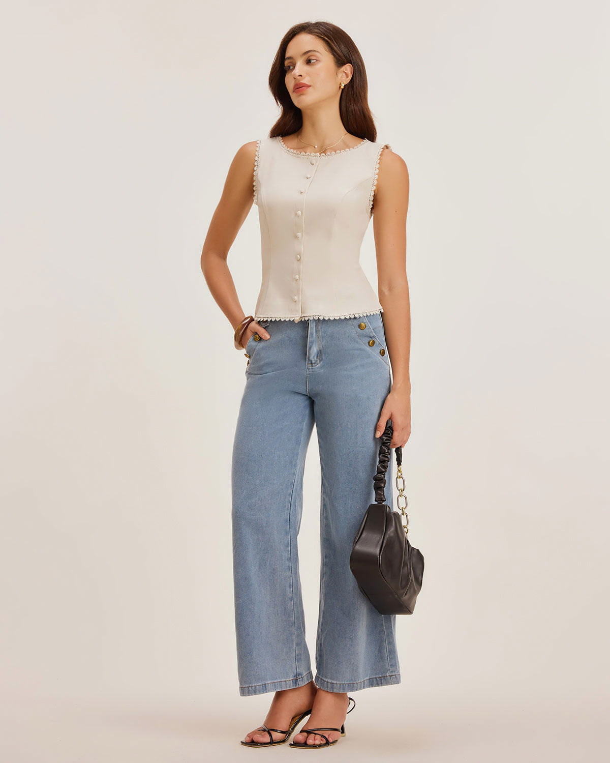 Apricot Boat Neck Button Vest