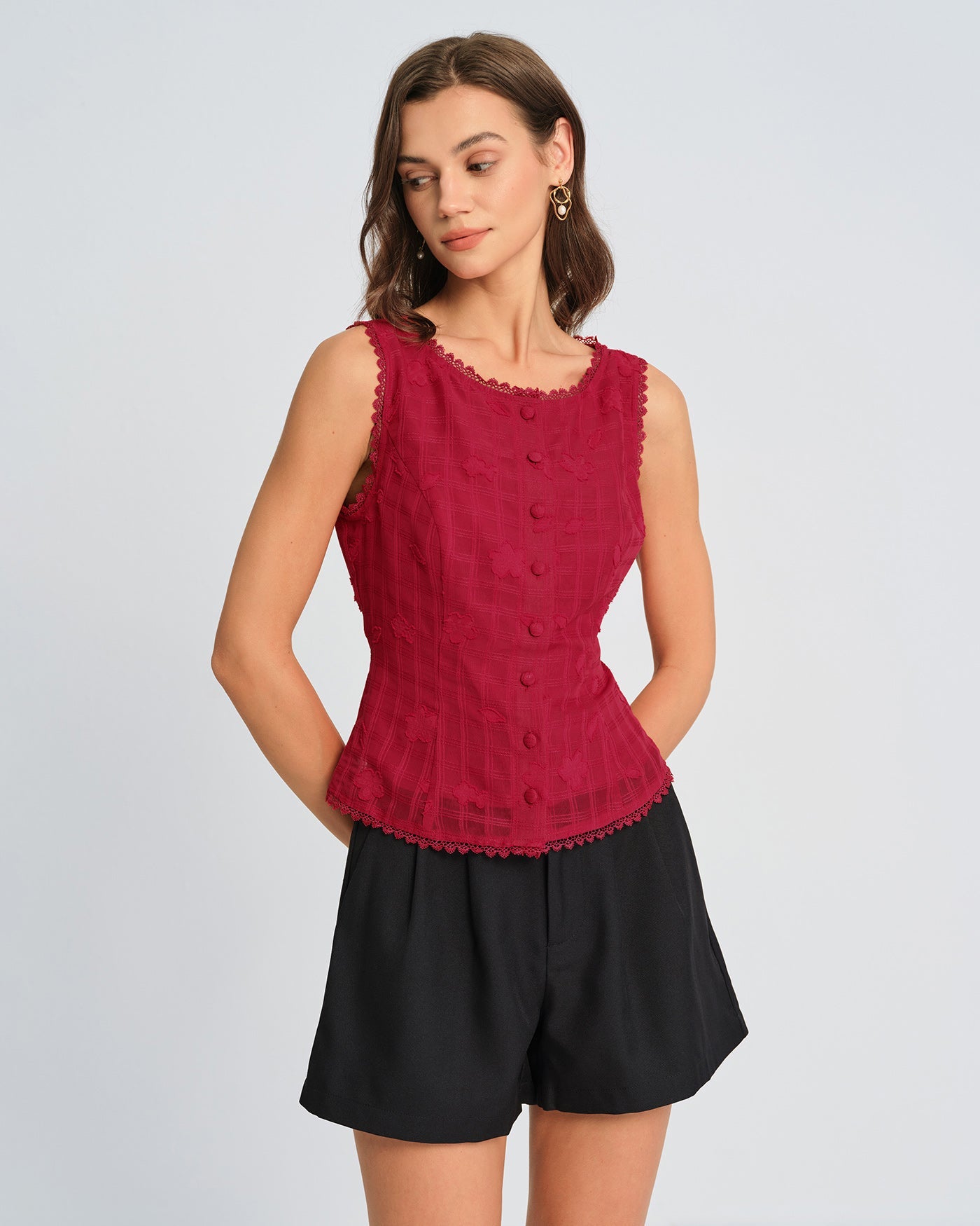 Chaleco de punto jacquard rojo con cuello redondo